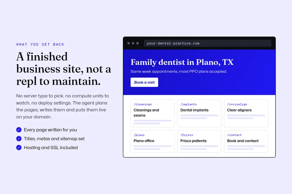 Browser mockup of a finished dental practice website with service and location pages, live on its own domain