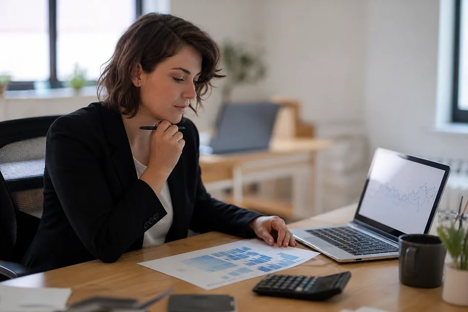 Performance marketer comparing a monthly ad budget spreadsheet with landing page traffic numbers at her desk