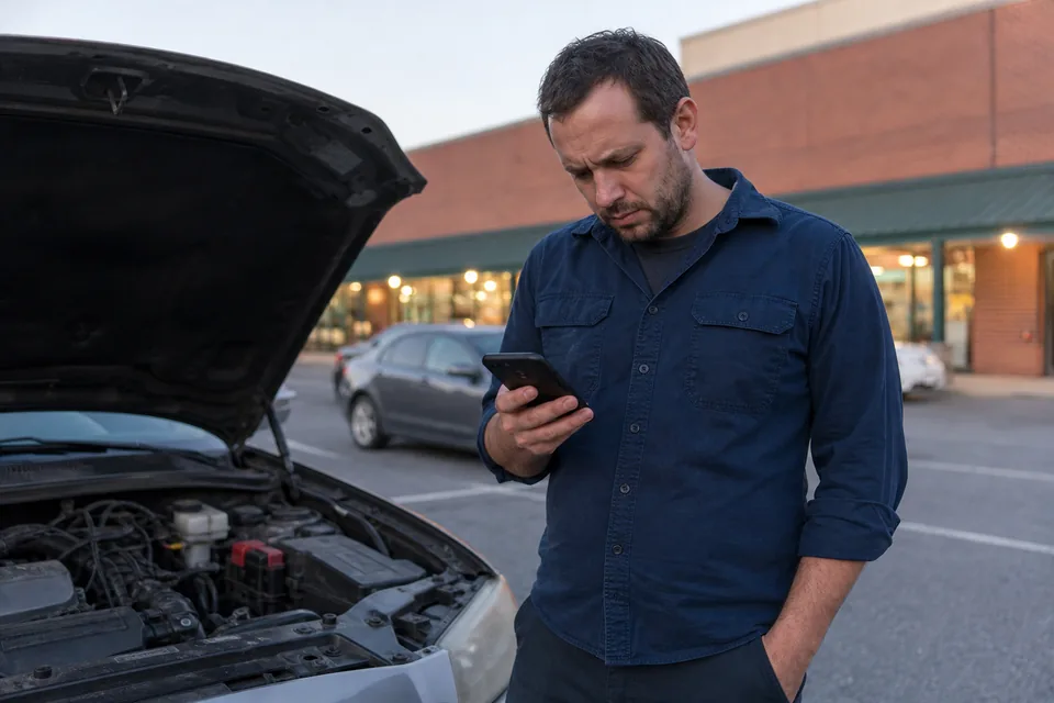 Driver standing beside a parked car with the hood up, searching for a repair shop on a phone
