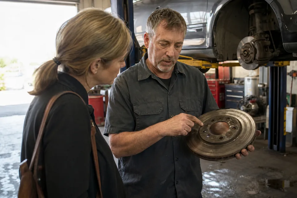 Auto repair technician showing a customer a worn brake rotor in the service bay