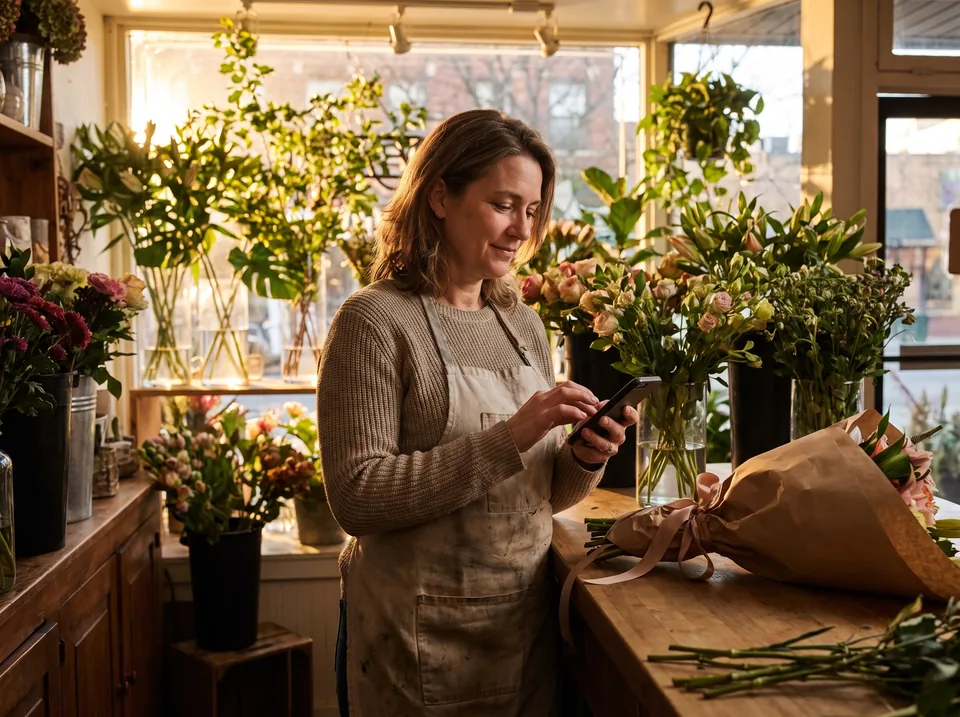 Flower shop owner typing a short description of her business on a phone at the shop counter