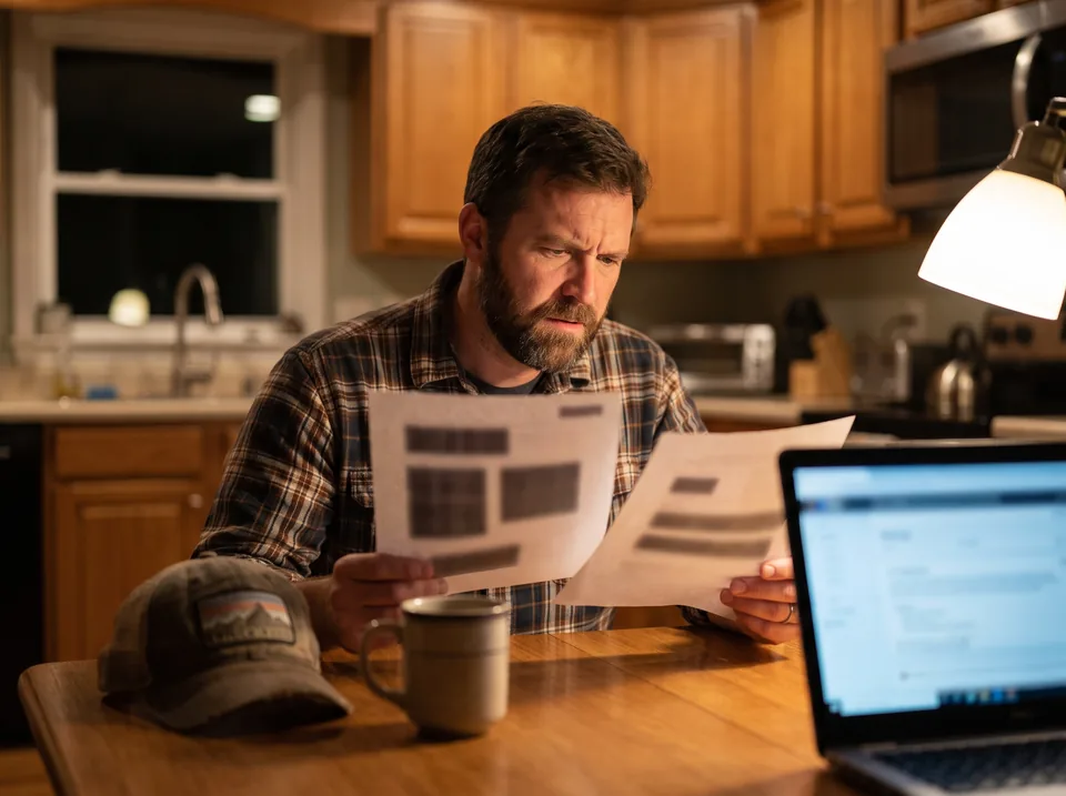 Landscaping company owner comparing two website design quotes at his kitchen table