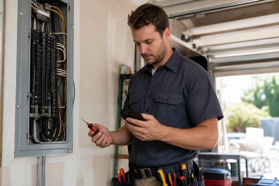 Electrician working on an open residential breaker panel checking a new service request on his phone