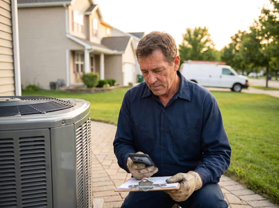 HVAC technician checking a service ticket on a phone beside an outdoor AC condenser