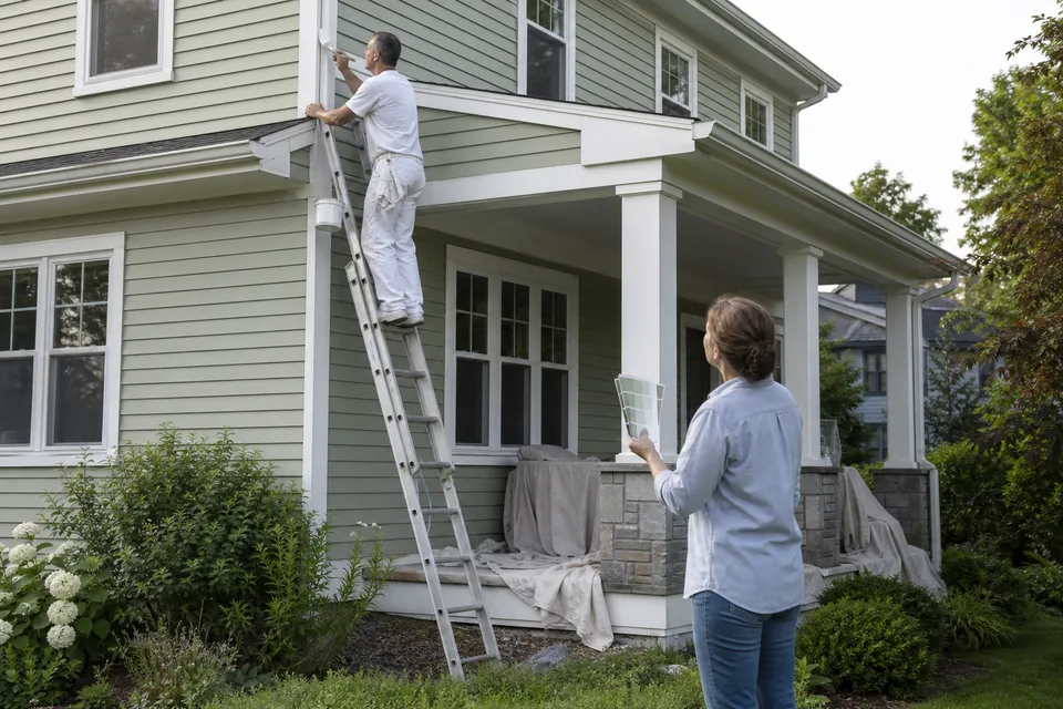 House painter on a ladder finishing the trim of a two story home while a homeowner looks over a color sample