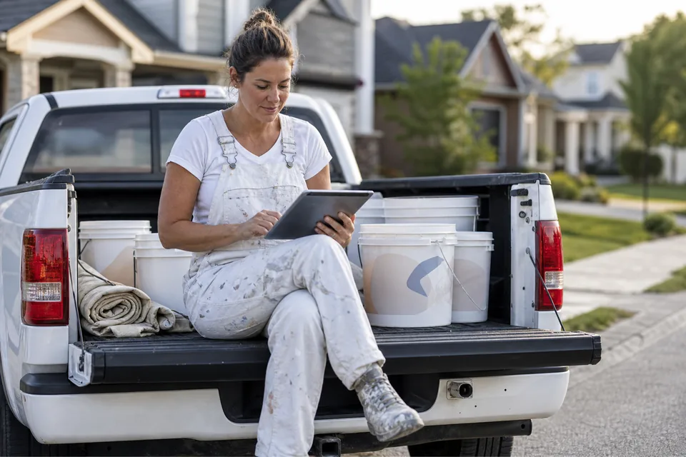 Owner of a painting company reviewing her website on a tablet at the tailgate of a work truck next to paint buckets