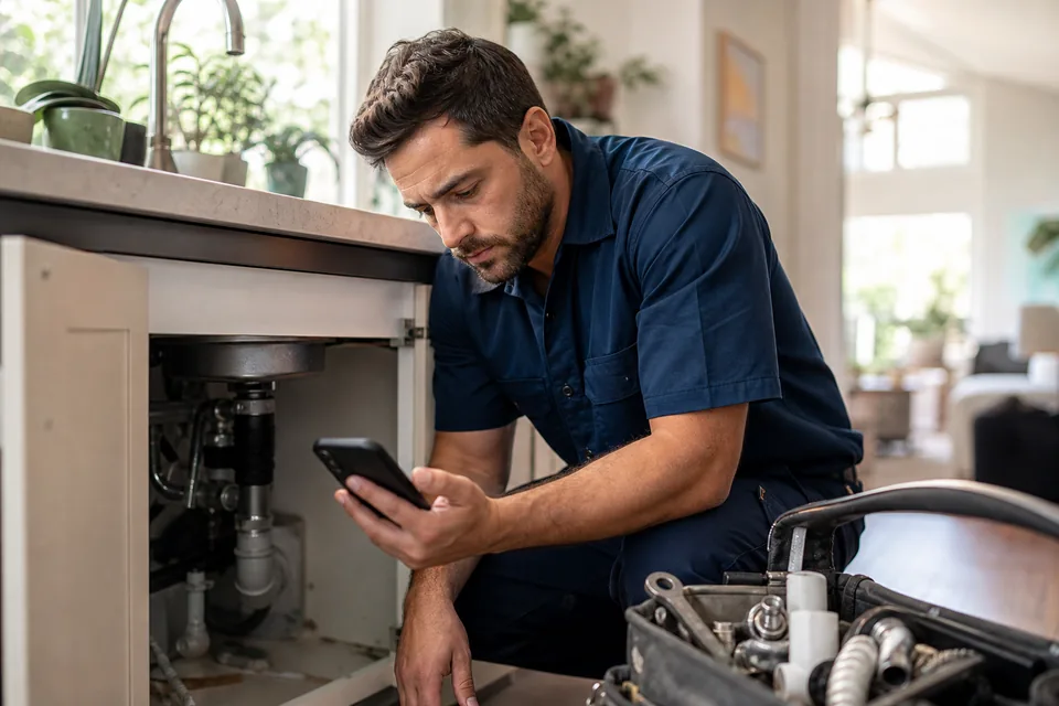 Plumber kneeling under a kitchen sink checking a new job request on his phone