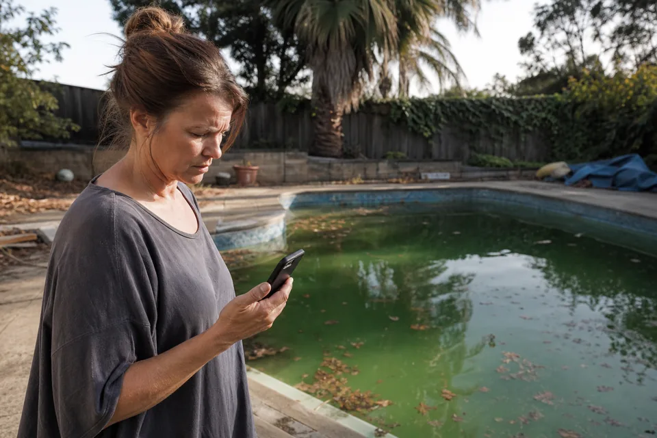 Homeowner looking at a cloudy green backyard pool while searching on a phone