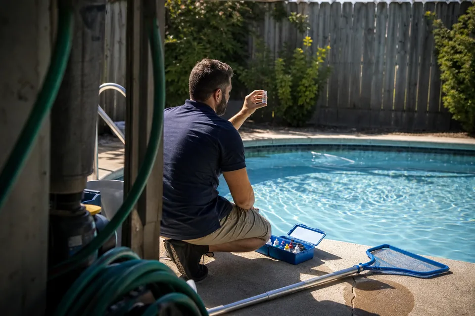 Pool service technician testing the water beside a residential backyard pool