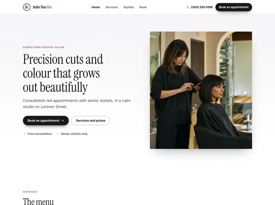 Home page of a sample hair salon website built by the AgentSite agent, with a stylist cutting a client's hair and a Book an appointment button