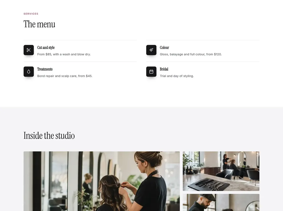 Services section of a sample salon website showing cut and style, color, treatments and bridal with starting prices