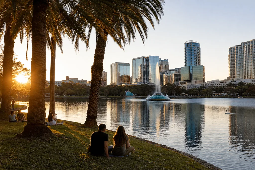 Lake Eola and the downtown Orlando skyline at golden hour